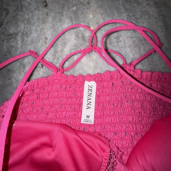 Zenana Tank Top Medium Hot Pink Cami Baby Doll Lace Y2K Cropped - Picture 4 of 6